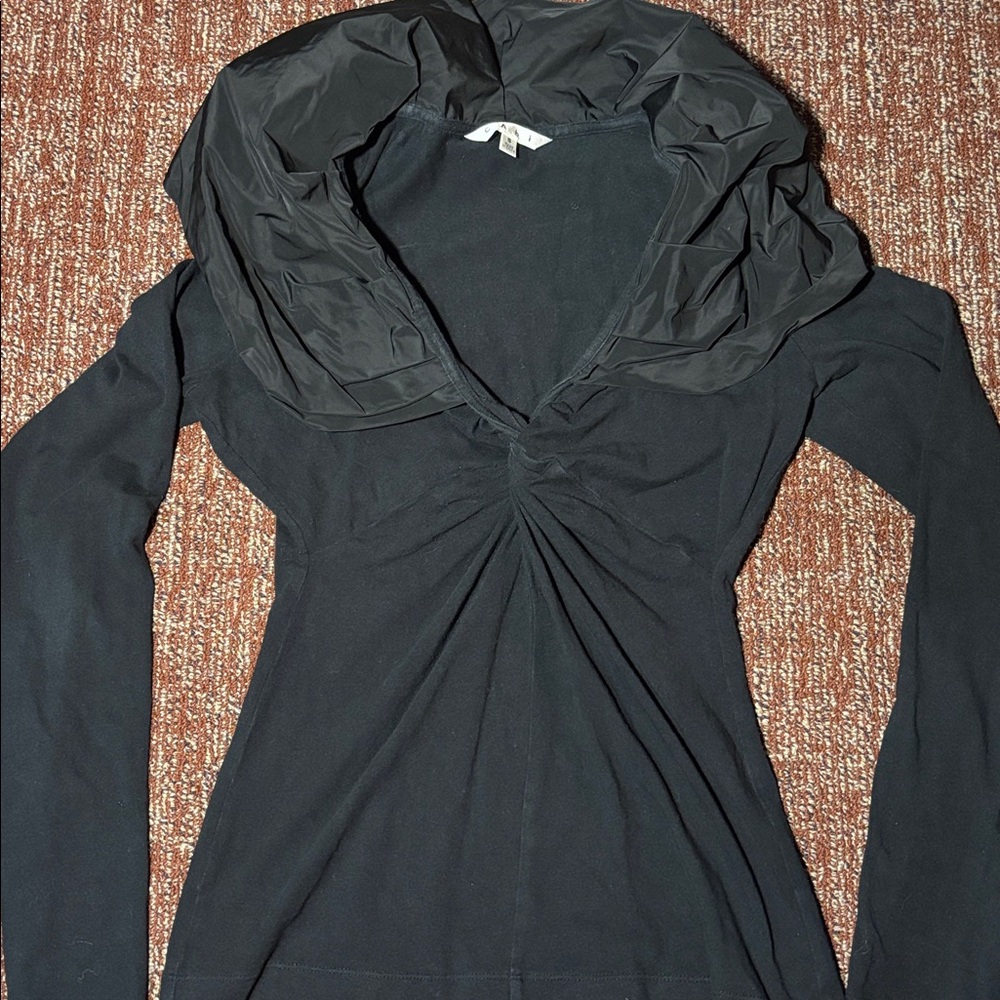 Cabi dramatic oversized collar black v neck long sleeve stretch fitted blouse